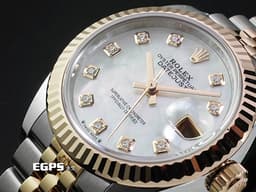 ROLEX 勞力士 Lady-Datejust 28 永恆玫瑰金 279171 18K玫瑰金材質 半金款 <font color="#05f0f0">原廠鑲嵌鑽石時標 白色珍珠貝母面盤</font> <font color="#ff0000">2026年保卡   紀念型五珠錶帶</font>&nbsp;自動上鍊 28mm