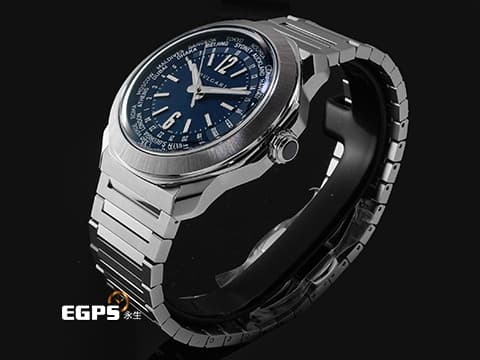 BVLGARI 寶格麗 Octo Roma WorldTimer 103762 不鏽鋼材質 世界時區顯示&nbsp;霧面藍色巴黎釘紋錶盤 快拆功能錶帶 自由切換鏈帶、膠帶風格搭配&nbsp;2025年保卡&nbsp;自動上鍊 41mm