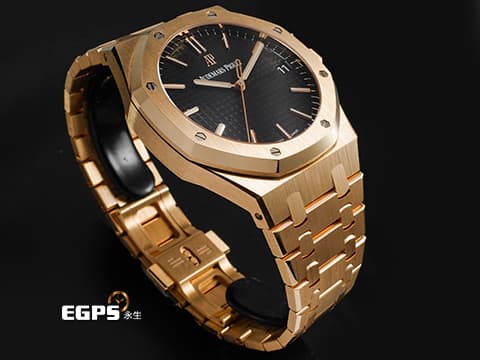 Audemars Piguet 愛彼 AP Royal Oak 皇家橡樹 15500OR.OO.1220OR.01 18K玫瑰金材質 鏈帶款 黑色鐫刻Grande Tapisserie大型格紋面盤&nbsp;2020年保卡  自動上鍊 41mm