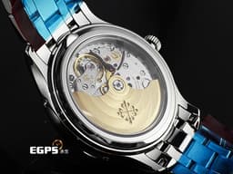 Patek philippe 百達翡麗 PP COMPLICATIONS 4947/1A 複雜功能時計 4947 不鏽鋼材質 鏈帶款 <font color="#05f0f0">藍色絲綢紋理面盤</font> <font color="#ff0000">2025年保單 新錶參考訂價：1,698,000元 保有部分原廠膠膜</font> 自動上鏈 38mm