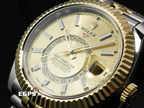 ROLEX 勞力士 Sky-Dweller 336933 蠔式 天行者 18K黃金材質 半金款 最新9002機芯 皇帝金色面盤&nbsp;兩地時間 年曆錶 沙羅系統 經典三角坑紋錶圈 2025年保卡 紀念型（Jubilee）五銖錶帶 自動上鍊 42mm