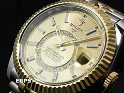 ROLEX 勞力士 Sky-Dweller 336933 蠔式 天行者 <font color="#f5dea8">18K黃金材質 半金款 最新9002機芯 皇帝金色面盤</font>&nbsp;兩地時間 年曆錶 沙羅系統 經典三角坑紋錶圈 <font color="#FF0000">2025年保卡 紀念型（Jubilee）五銖錶帶</font> 自動上鍊 42mm