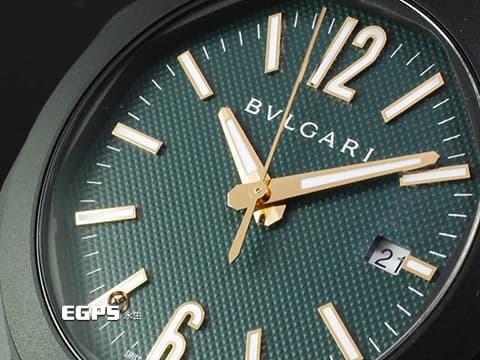 BVLGARI 寶格麗 Octo Roma 103925 黑色DLC不鏽鋼材質&nbsp;綠色巴黎釘紋錶盤 快拆功能錶帶&nbsp;2025年保卡&nbsp;自動上鍊 41mm