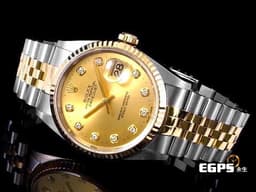 ROLEX 勞力士 DATEJUST 16233 蠔式日誌型 18K黃金 半金款 <font color="#fa00fa">鑲嵌鑽石時標</font><font color="#FF00FF"> </font><font color="#fafa01">香檳金色面盤</font><font color="#FF00FF">&nbsp;</font>經典<font color="#FF00FF">&nbsp;</font>自動上鍊 36mm