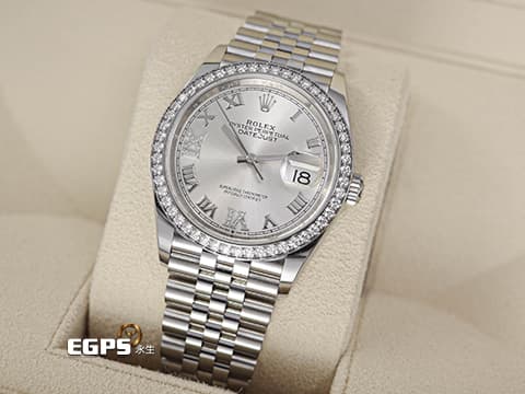 ROLEX 勞力士 Datejust 36 蠔式日誌型 126284RBR 銀白色羅馬數字VI、IX鑲鑽面盤 原廠鑽圈&nbsp;DJ36 不鏽鋼 2021年新式保卡 紀念型（Jubilee）五銖錶帶&nbsp;126284 RBR 自動上鍊 36mm