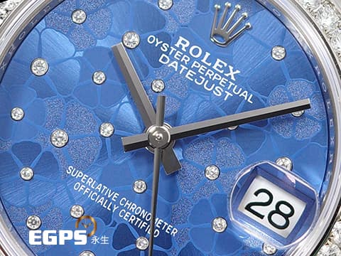 ROLEX 勞力士 Datejust 31 經典 蠔式日誌型 278384 天藍色花朵圖案面盤 DJ31&nbsp;原廠鑲鑽錶圈 2025年保卡 蠔式（Oyster）三節錶帶 自動上鍊 31mm