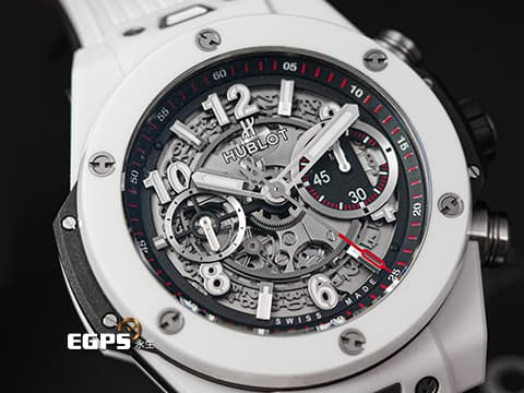 HUBLOT 宇舶 Big Bang Unico 45 White Ceramic 大爆炸 411.HX.1170.RX 白陶瓷&nbsp;&nbsp;鏤空面盤 三日鍊 飛返 計時碼錶&nbsp;2019年台灣公司貨&nbsp;自動上鍊 45mm