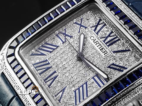 CARTIER 卡地亞 Santos 100 山度士 大型 經典 不鏽鋼材質   精鑲藍色寶石錶圈 精鑲真鑽漫天星面盤、錶殼&nbsp;自動上鍊 41mm