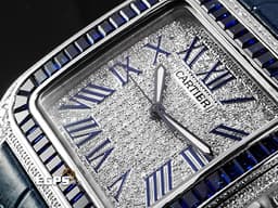 CARTIER 卡地亞 Santos 100 山度士 大型 經典 不鏽鋼材質  <font color="#0582f5"> 精鑲藍色寶石錶圈</font><font color="#FF0000"> </font><font color="#05f0f0">精鑲真鑽漫天星面盤、錶殼</font>&nbsp;自動上鍊 41mm