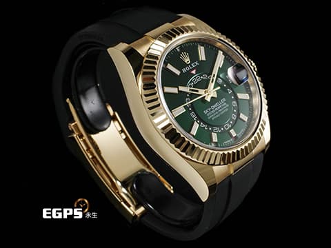 ROLEX 勞力士 Sky-Dweller 蠔式 天行者 336238 沙羅系統 年曆錶&nbsp;18K黃金材質 2025年最新款 綠色面盤 全台第一顆&nbsp;&nbsp;Oysterflex橡膠錶帶搭配快調延展錶扣 2025年保卡 自動上鏈 42mm