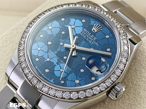 ROLEX 勞力士 Datejust 31 經典 蠔式日誌型 278384 天藍色花朵圖案面盤 DJ31&nbsp;原廠鑲鑽錶圈 2025年保卡 蠔式（Oyster）三節錶帶 自動上鍊 31mm