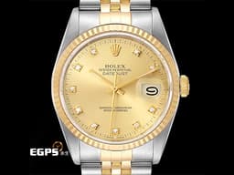 ROLEX 勞力士 DATEJUST 16233 蠔式日誌型 18K黃金 半金款 <font color="#fa00fa">鑲嵌鑽石時標</font><font color="#FF00FF"> </font><font color="#fafa01">香檳金色面盤</font><font color="#FF00FF">&nbsp;</font>經典<font color="#FF00FF">&nbsp;</font>自動上鍊 36mm