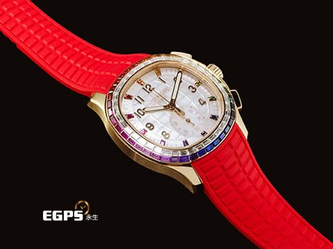 Patek Philippe 百達翡麗 PP錶  Aquanaut  7968/300R-001 海底探險家 海探 手雷 18K玫瑰金材質 白色珍珠貝母面盤&nbsp;共計52顆長階梯形切割多彩藍寶石（2.62克拉）及50顆長階梯形切割鑽石（2.41克拉）&nbsp;2026年保單 保有部分原廠膠膜&nbsp;自動上鏈   42.2mm