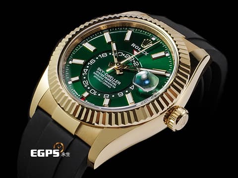 ROLEX 勞力士 Sky-Dweller 蠔式 天行者 336238 沙羅系統 年曆錶&nbsp;18K黃金材質 2025年最新款 綠色面盤 全台第一顆&nbsp;&nbsp;Oysterflex橡膠錶帶搭配快調延展錶扣 2025年保卡 自動上鏈 42mm