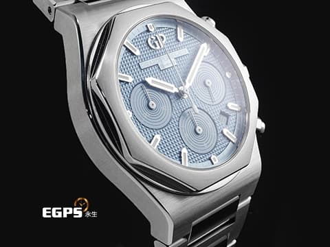 Girard Perregaux 芝柏 GP錶 Laureato 42 桂冠系列 81020-11-3370-1GM 不鏽鋼材質 計時腕錶&nbsp;冰藍色巴黎飾釘紋面盤&nbsp;2025年保卡 限量180支&nbsp;自動上鍊 42mm