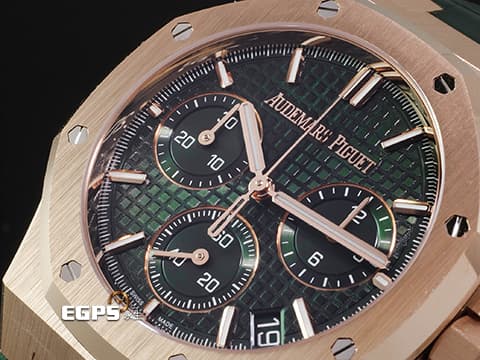 Audemars Piguet 愛彼 AP錶 Royal Oak Chronograph 皇家橡樹 18K玫瑰金材質&nbsp;26240OR.OO.D404CR.02 軍綠色「Grande Tapisserie」格紋面盤&nbsp;飛返 計時碼表 2025年保單 自動上鍊 41mm