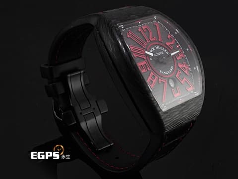FRANCK MULLER 法蘭穆勒 Vanguard系列 V45 SC DT 黑面拉絲面盤 紅色立體時標 碳纖維材質  2020年保單 台灣公司貨  酒桶型 自動上鍊 44x54mm