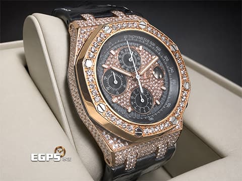 Audemars Piguet AP錶 愛彼錶 Royal Oak Offshore 皇家橡樹離岸型 18K玫瑰金材質 25940OK 計時碼表  精鑲鑽石滿天星面盤、鑲鑽錶圈、鑲鑽錶殼、鑲鑽摺疊帶扣&nbsp;自動上鏈 42mm