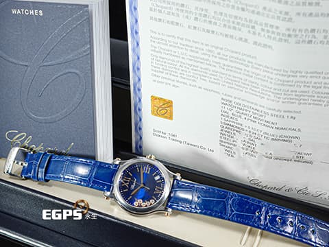 CHOPARD 蕭邦 Happy Sport 快樂鑽 278582-6012 藍色面盤 原廠5顆跑鑽 半金款 不鏽鋼 大三針&nbsp;2026年保單 最新快拆式錶帶 石英機芯 36mm