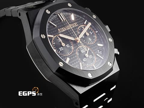 Audemars Piguet 愛彼 AP錶 Royal Oak Chronograph 皇家橡樹 26240CE.OO.1225CE.02 黑色陶瓷材質 黑色錶面鐫刻「Grande Tapisserie」大型格紋面盤 玫瑰金色調指針、時標&nbsp;飛返計時腕錶&nbsp;2026年保卡&nbsp;自動上鍊&nbsp;41mm