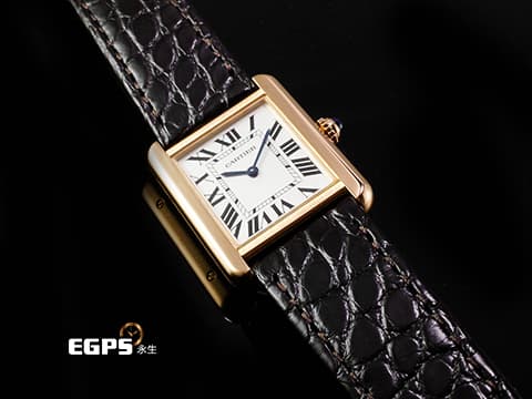 CARTIER 卡地亞 經典 坦克 TANK MUST 小型款 18K玫瑰金材質&nbsp;圓珠形錶冠鑲嵌1顆凸圓形藍色合成尖晶石 石英機芯 27 x 22mm