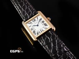 CARTIER 卡地亞 經典 坦克 TANK MUST 小型款 18K玫瑰金材質&nbsp;<font color="#6da6d2">圓珠形錶冠鑲嵌1顆凸圓形藍色合成尖晶石</font> 石英機芯 27 x 22mm