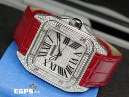CARTIER 卡地亞 Santos 100 山度士 中型 <font color="#05f0f0">精鑲滿天星鑽石面盤、鑲鑽錶圈</font>&nbsp;<font color="#ff0000">紅色客製化皮革錶帶</font> 自動上鍊 36mm