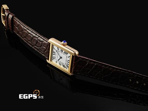 CARTIER 卡地亞 經典 坦克 TANK MUST 小型款 W5200024 18K玫瑰金材質&nbsp;圓珠形錶冠鑲嵌1顆凸圓形藍色合成尖晶石 石英機芯 31 x 24.4mm