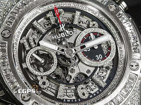 HUBLOT 宇舶 Big Bang Unico 45 Titanium 大爆炸 411.NE.2010.LR.JSM15 鈦金屬 飛返 計時碼表 精鑲鑽石、梯鑽錶框、鑽石時標 鏤空面盤 自動上鍊 45mm