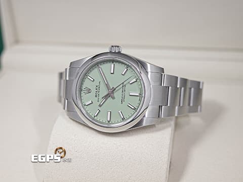 ROLEX 勞力士 Oyster Perpetual 34 蠔式恆動型 124200 最新款 開心果綠色面盤&nbsp;OP34 不鏽鋼 大三針&nbsp;2025年保卡 自動上鍊 34mm