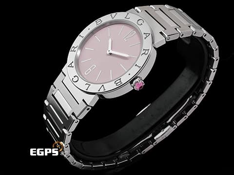 BVLGARI 寶格麗 Bulgari Lady系列 103711 不鏽鋼材質&nbsp;粉紅色面盤 鑲嵌粉色尖晶石錶冠&nbsp;2026年保卡&nbsp;石英機芯 33mm