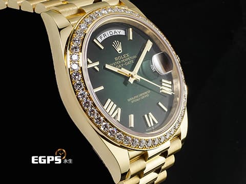 ROLEX 勞力士 DayDate 40 228348RBR 18K黃金材質 228348 原廠鑲嵌鑽石錶圈 煙燻綠色面盤&nbsp;2026年保卡  自動上鍊 40mm