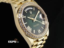 ROLEX 勞力士 DayDate 40 228348RBR 18K黃金材質 228348 <font color="#ffd700">原廠鑲嵌鑽石錶圈 </font><font color="#058703">煙燻綠色面盤</font>&nbsp;<font color="#FF0000">2026年保卡 </font> 自動上鍊 40mm