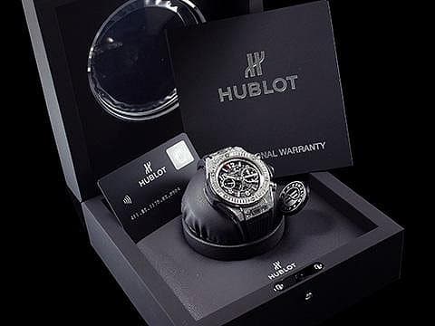 HUBLOT 宇舶 Big Bang Unico 45 Titanium 大爆炸 411.NE.2010.LR.JSM15 鈦金屬 飛返 計時碼表 精鑲鑽石、梯鑽錶框、鑽石時標 鏤空面盤 自動上鍊 45mm