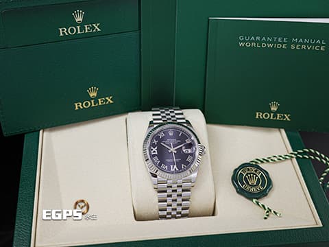 ROLEX 勞力士 Datejust 36 蠔式日誌型 126234 原廠VI、IX鑲鑽 茄紫色面盤 不鏽鋼 DJ36 經典三角坑紋錶圈 2025年保卡 紀念型（Jubilee）五銖錶帶 自動上鍊 36mm