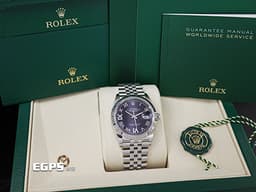 ROLEX 勞力士 Datejust 36 蠔式日誌型 126234 <font color="#B15BFF">原廠VI、IX鑲鑽 茄紫色面盤</font> 不鏽鋼 DJ36 經典三角坑紋錶圈 <font color="#FF0000">2025年保卡 紀念型（Jubilee）五銖錶帶</font> 自動上鍊 36mm