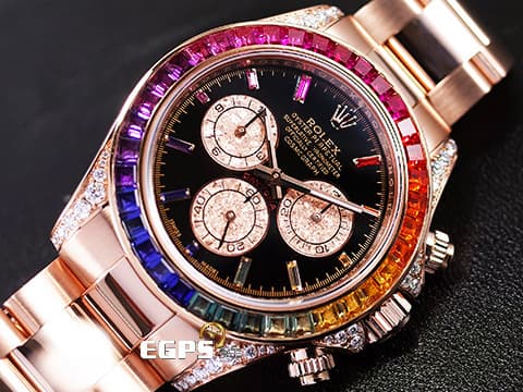 ROLEX 勞力士 DAYTONA 迪通拿 116505 18K玫瑰金材質 鍊帶款 計時碼表 自動上鍊 精鑲漸層彩紅色寶石於錶圈及時標 精鑲鑽石於錶耳及護肩 看不到也買不到的116595 RBOW彩紅寶石圈，現在只以一百多萬便能擁有迷倒眾人的彩虹圈，還不趕快過來賞錶！！自動上鍊&nbsp;40mm