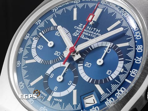 ZENITH 真力時 Chronomaster Original 系列 03.A3818.400/51.M3818 鈦金屬材質 El Primero 高振頻機芯 縱向拉絲藍色熊貓面盤 鋸齒狀測速儀刻度&nbsp;2020年保卡 復刻A3818 1969-2019&lt;五十周年紀念&gt;"AIRWEIGHT COVER GIRL" 限量100支&nbsp; 自動上鍊 38mm