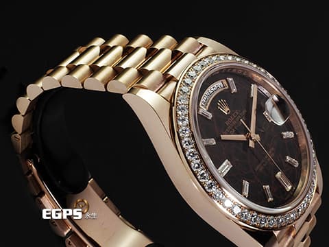 ROLEX 勞力士 Day-Date 40 蠔式 星期日曆型 228345 永恆玫瑰金 228345RBR 稀有赤鐵石英面盤【熔岩巧克力】 原廠鑲嵌梯鑽時標、鑽石錶圈 2021年新式保卡 自動上鍊 40mm