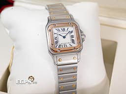 Cartier 卡地亞 Santos Galbee SM 山度士 W20103C4 <font color="#a6dbe8">珍珠貝母面盤</font>&nbsp;小型&nbsp;<font color="#f99d53">玫瑰金 半金款</font>&nbsp;經典 <font color="#ff0000">亞洲限定款</font> 石英機芯 24x24mm