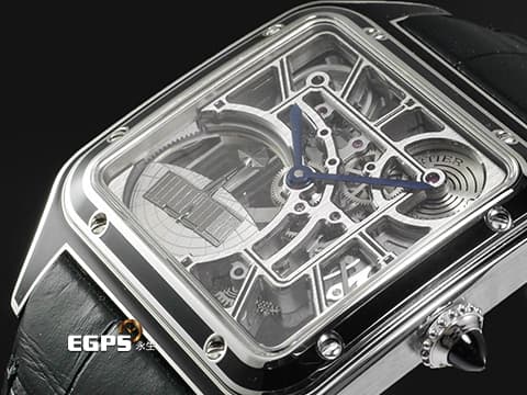 CARTIER 卡地亞 Santos-Dumont 山度士 杜蒙特 WHSA0044 黑色真漆不鏽鋼材質  飛機造型微型擺陀鏤空面盤  藍色凸圓形合成尖晶石錶冠 2026年保卡&nbsp;自動上鍊 31mm