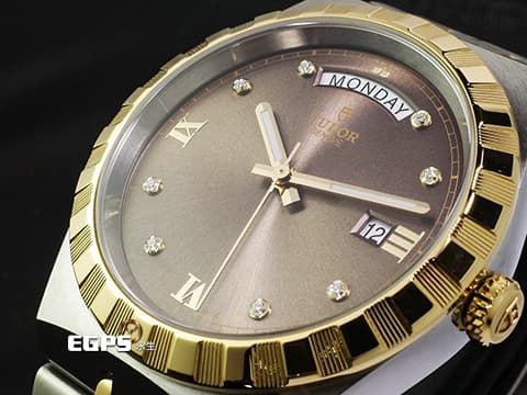 TUDOR 帝舵 Royal Day-Date 皇家系列 28603-0008 18K黃金材質 半金款&nbsp;&nbsp;巧克力棕色面盤 原廠鑲嵌鑽石時標 星期、日期顯示窗&nbsp;2026年保卡&nbsp;自動上鍊 41mm