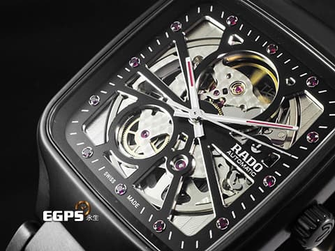RADO 雷達 True Square 真我方形系列 R27174712 限定款 黑色陶瓷材質 12顆鮮豔紅寶石時標 2026年保卡 自動上鍊 38mm