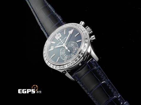 PATEK PHILIPPE 百達翡麗 PP錶 5961P-001  
複雜功能飛返計時年曆錶 PT950鉑金材質 原廠鑲嵌長方形透明鑽石時標、錶圈、錶扣&nbsp;藍色面盤 2021年保單 錶友蒐藏未使用品&nbsp;自動上鍊 40.5mm