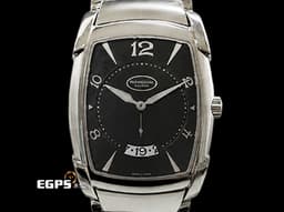 ParmigianiFleurier帕瑪強尼 Kalpa系列 PF011949.03 <font color="#7a91bd">不鏽鋼材質 銀白色阿拉伯數字與柱狀時標 曜石黑色面盤 璣鏤雕花紋路</font>&nbsp; 自動上鏈 46.6 x 34mm