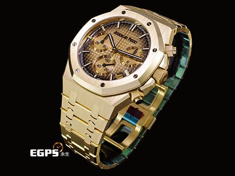 Audemars Piguet 愛彼 AP錶 Royal Oak Chronograph 皇家橡樹 18K黃金材質&nbsp;26240BA.OO.1320BA.02 煙燻金色「Grande Tapisserie」格紋面盤&nbsp;飛返 計時碼表 2026年保卡 保有原廠膠膜&nbsp;自動上鍊 41mm