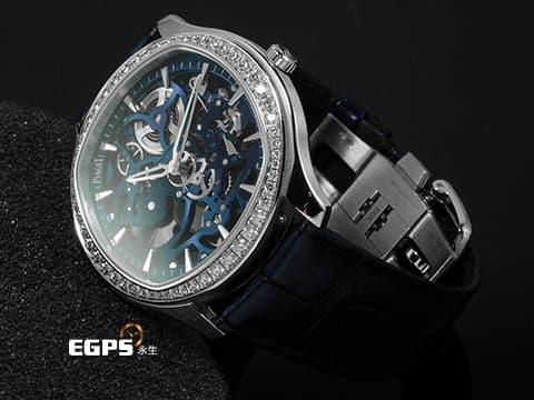 PIAGET 伯爵 Polo Skeleton G0A46010 18K白金材質 錶圈鑲飾56顆明亮形切割圓形美鑽（約1.59克拉） 藍色鏤空面盤 2022年保卡 新錶訂價：2,280,000元 自動上鍊 42mm