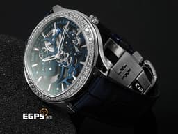 PIAGET 伯爵 Polo Skeleton G0A46010 18K白金材質 <font color=#468bcc>錶圈鑲飾56顆明亮形切割圓形美鑽（約1.59克拉）</font> <font color=#70cce1>藍色鏤空面盤</font> <font color=#FF0000>2022年保卡 新錶訂價：2,280,000元</font> 自動上鍊 42mm