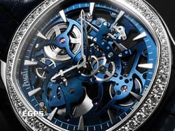 PIAGET 伯爵 Polo Skeleton G0A46010 18K白金材質 <font color=#468bcc>錶圈鑲飾56顆明亮形切割圓形美鑽（約1.59克拉）</font> <font color=#70cce1>藍色鏤空面盤</font> <font color=#FF0000>2022年保卡 新錶訂價：2,280,000元</font> 自動上鍊 42mm
