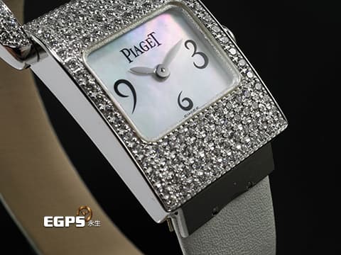 PIAGET 伯爵錶 Miss Protocole 18K白金材質&nbsp;白色珍珠貝母面盤 精鑲鑽石錶圈、錶耳 石英機芯 17x44mm
